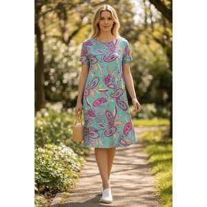 Bobbie Brooks Women's Small Paisley Shift Dress Teal Pink Stretch Short 35 inch